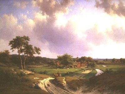 Bir yol üzerinde bir çiftlik ve köylüler ile geniş bir manzara by Willem Vester