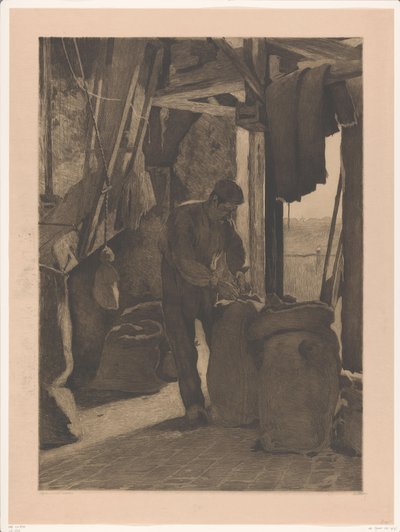 Wijk bij Duurstede un değirmenindeki değirmenci bir çantayı düğmeler. by Willem Witsen (signed by artist)