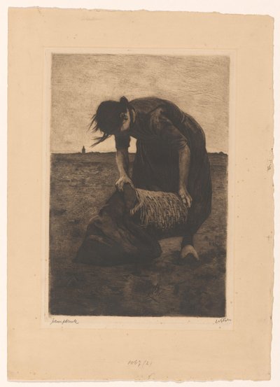 Bir sepet ve çanta ile öne eğilmiş patates hasat makinesi by Willem Witsen (signed by artist)