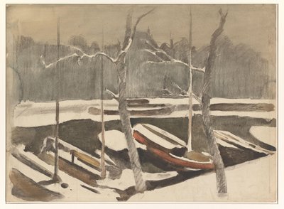 Karlı bir kanalda demirli mavnalar by Willem Arnoldus Witsen