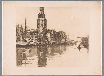 Montelbaanstoren ve kayık ile Amsterdam Oude Schans'taki Montelbaanstoren'in görünümü (orijinal başlık) by Willem Arnoldus Witsen