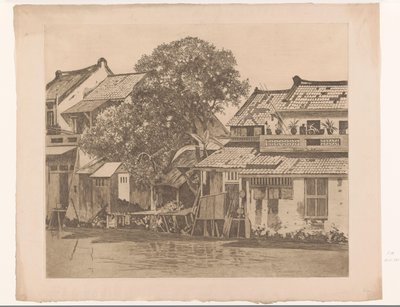 Batavia Huizen aan de kali'de bir nehir üzerindeki evlerin görünümü. Evler arasındaki ağaçlar, Batavia (orijinal başlık) by Willem Arnoldus Witsen