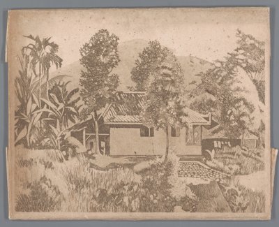 Arka planda yanardağ Salak(?) bulunan ev, Buitenzorg by Willem Arnoldus Witsen