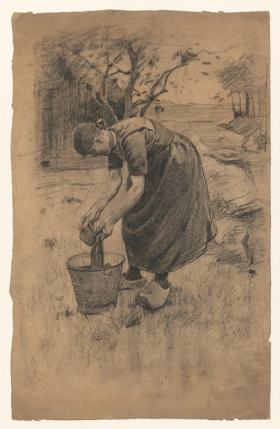 Kadın bir çiftliğin önünde bir kovada çamaşırları duruluyor. by Willem Arnoldus Witsen