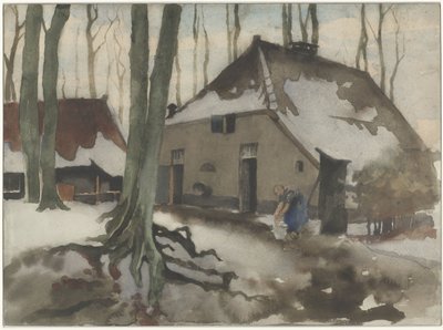 Karlı bir ormanda bir evin önünde kadın by Willem Arnoldus Witsen