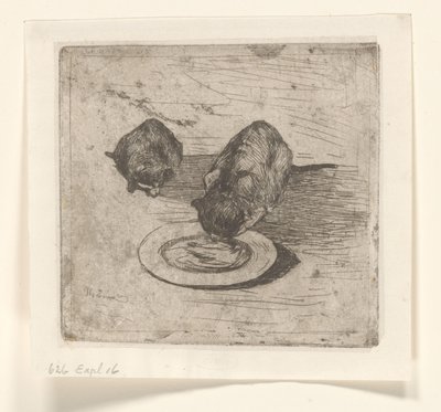 İki kedi, biri tabaktan su içiyor İki amcık (orijinal başlık) by Willem de Zwart