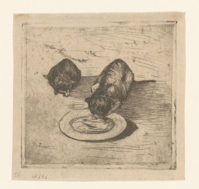 İki kedi, biri tabaktan su içiyor İki amcık (orijinal başlık) by Willem de Zwart
