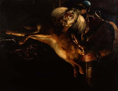 Natürmort Bir Tavşan, bir keklik ve mermer bir çıkıntının üzerinde asılı av ekipmanı by Willem van Aelst