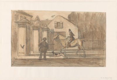 Lahey'deki Scheveningse Weg üzerindeki çit; köpekle bir biniciyi geçmek by Willem van Konijnenburg
