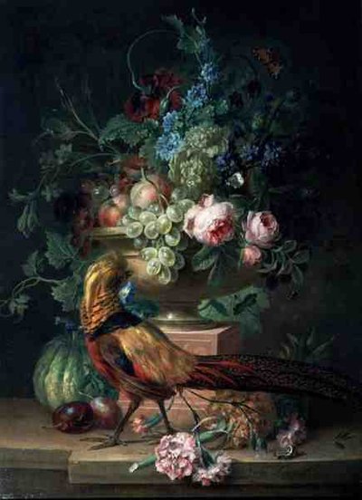 Çiçekler ve Sülün ile Natürmort (tuval üzerine yağlı boya) by Willem van Leen