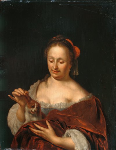 Küçük Bir Köpek Tutarak Oturmuş Bir Bayan (panel üzerine yağlı boya) by Willem Van Mieris