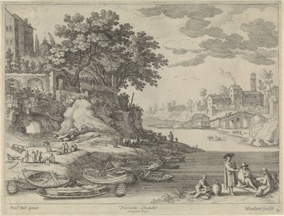 Kürekli tekneler, figürler ve çiftlik hayvanları ile liman by Willem van Nieulandt (II)