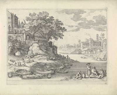 Kürekli tekneler, figürler ve çiftlik hayvanları ile liman by Willem van Nieulandt (II)