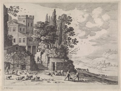 Bir ev, rakamlar ve sığır ile manzara by Willem van Nieulandt (II)