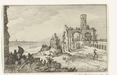 Su üzerinde kemerler ve bir kule ile harabe Roma kalıntıları ve kıyı manzaraları (dizi 1) (dizi başlığı) by Willem van Nieulandt (II)