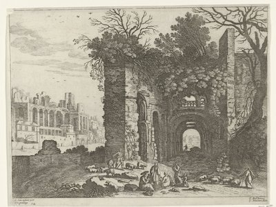 Aile bir harabenin önünde dinleniyor İtalyan manzaraları (dizi başlığı) by Willem van Nieulandt (II)
