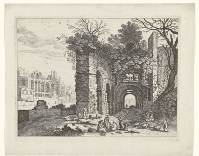 Aile bir harabenin önünde dinleniyor İtalyan manzaraları (dizi başlığı) by Willem van Nieulandt (II)