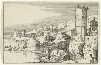 Su üzerinde kuleleri olan şehir Roma kalıntıları ve kıyı manzaraları (dizi 1) (dizi başlığı) by Willem van Nieulandt (II)