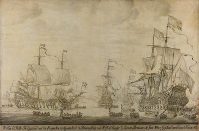 Yedi İlde Savaş Konseyi, Michiel Adriaensz de Ruyter'in Amiral Gemisi, 10 Haziran 1666, Dört Gün Savaşı'ndan önce: İkinci İngiliz-Hollanda Savaşı'ndan bir bölüm by Willem van de Velde (I)