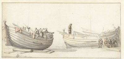 Figürlü iki balıkçı teknesinin incelenmesi by Willem van de Velde (II) (attributed to)