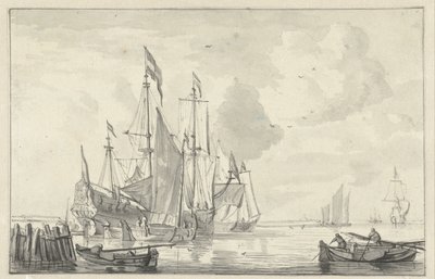 Sahile yakın sakin suda bazı gemilerle deniz manzarası by Willem van de Velde (II)