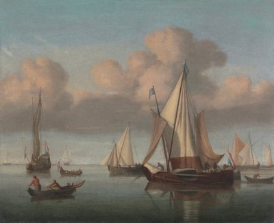 Yelkenleri Çekilmiş Demirde Bir Kaag, Devlet Yatı ve Diğer Gemiler by Willem van de Velde the Younger