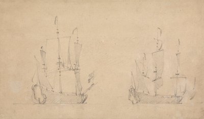 Hafif havalarda bir Amiral Gemisinin sancak tarafı görünümü ve diğerinin benzer görünümü by Willem van de Velde the Younger