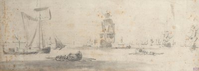 Hafif havada bir galliot ve birkaç mavna, c.1681 (grafit, gri yıkama) by Willem van de the Elder Velde