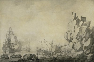 Kayalık bir kıyıdaki gemiler ve milisler, 1680 dolayları (hazırlanmış tuval üzerine kalem ve mürekkep) by Willem van de the Elder Velde