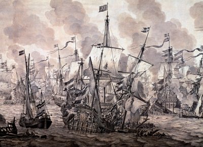 Hollanda ve İsveç filoları arasındaki Ses Savaşı, 8 Kasım 1658. Detay - Yağlıboya ve Mürekkep boyama by Willem van de the Elder Velde