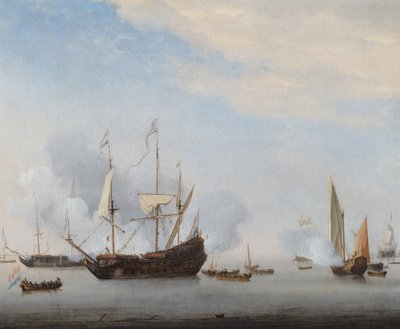 Selam veren bir Savaş Adamı, yanında diğer gemiler (tuval üzerine yağlıboya) by Willem van de the Younger Velde