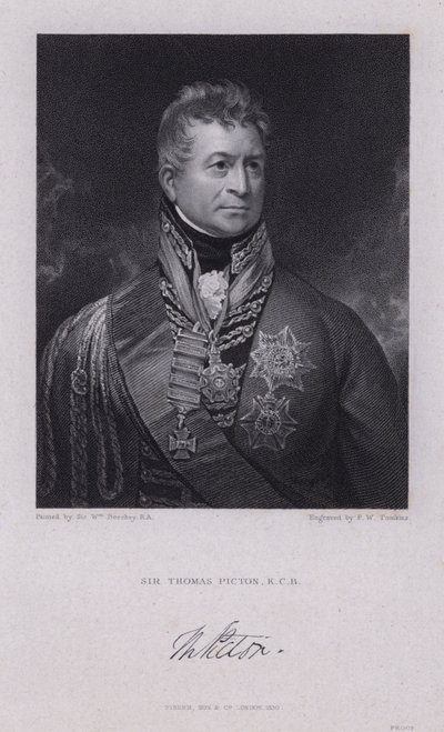 Sir Thomas Picton, Waterloo Savaşı'nda öldürülen Napolyon Savaşları'nın Galli generali (gravür) by William (after) Beechey