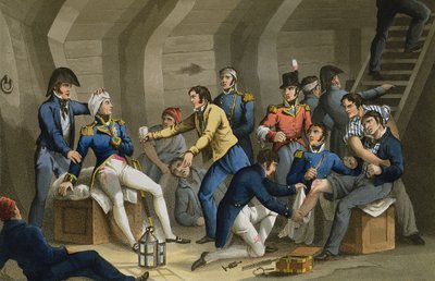 Kokpit, Nil Savaşı, Nelson'ın savaşta yaralandığını gösteriyor, Matthew Dubourg (fl.1813-20) tarafından 'Tarihi, Askeri ve Deniz Anekdotları'ndan oyulmuş, pub. Edward Orme (1774-c.1820) 1817 (aquatint) tarafından by William (after) Heath