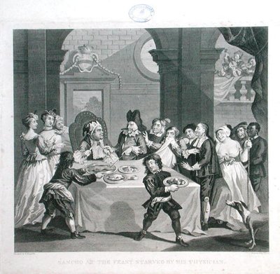 Ziyafette Sancho, Hekimi Tarafından Açlıktan Öldü, Thomas Cook (1744-1818) tarafından oyulmuş (gravür) by William (after) Hogarth