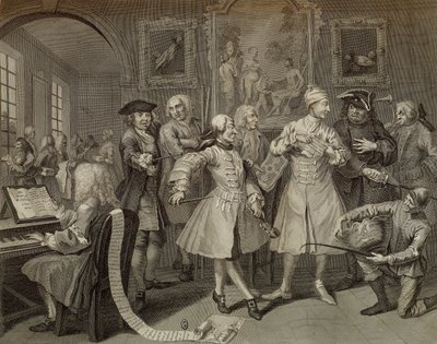 Sanatçılar ve profesörlerle çevrili Tom Rakewell, The Rake's Progress'ten II. levha, William Hogarth'ın (1697-1764) yaptığı resim üstüne gravür by William (after) Hogarth