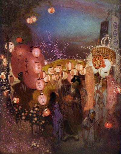 Bir Japon festivalinde fenerli kadınlar ve çocuklar (renkli taş) by William (after) Shackleton