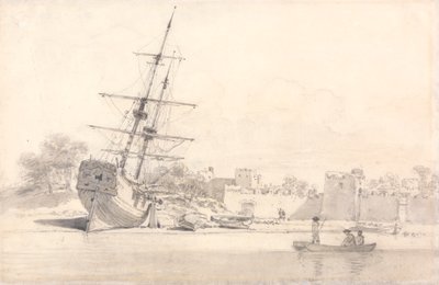 Bazı Müstahkem Binaların Altında Kıyıya Çekilmiş Küçük Bir Yelkenli Gemi by William Alexander