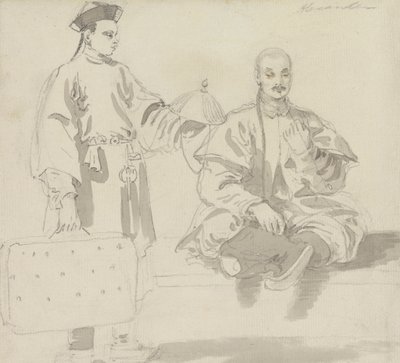 İki Çinli Figür: Bir Şapka Satıcısı ve Bağdaş kurmuş Oturan, Pipo İçen Bir Adam by William Alexander