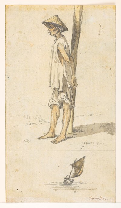 f.5 32v Bir ağaca yaslanmış genç adam;bir tekne. Turon Körfezi.  Lord Macartney