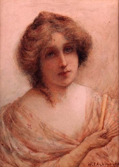 Pembe Elbiseli Yelpazeli Bayan (kağıt üzerine suluboya) by William Ashburner