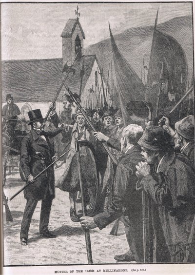 İrlandalıların Mullinahone'da toplanması, Cassell'in 'İngiltere'nin Resimli Tarihi'nden bir çizim, c.1910'da yayınlandı by William Barnes Wollen