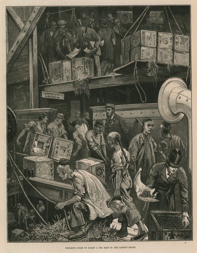 Londra rıhtımında bir çay gemisinde toplu kırma (gravür) by William Bazett Murray