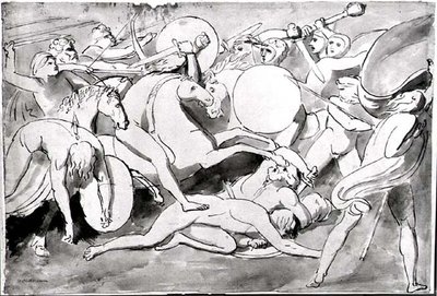 Savaş sahnesi (kalem ve mürekkep) (s/b fotoğraf) by William Blake