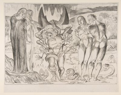 Hırsızlar Çemberi: Agnello Brunelleschi Altı Ayaklı Yılan Tarafından Saldırıya Uğradı, Dan..., ca. 1825-27. by William Blake