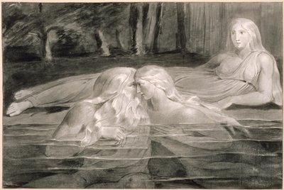 Har ve Heva Banyosu, Mnetha Bakıyor, c.1785-89 (kağıt üzerinde fırça, mürekkep ve yıkama) by William Blake