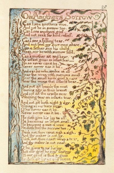 Bir Başkasının Hüznü Üzerine, 'Songs of Innocence and of Experience' (Bentley Copy L) pl.28 (Bentley 27) 1789-94 (kağıt üzerine kalem ve suluboya ile kabartma gravür) adlı çizim by William Blake