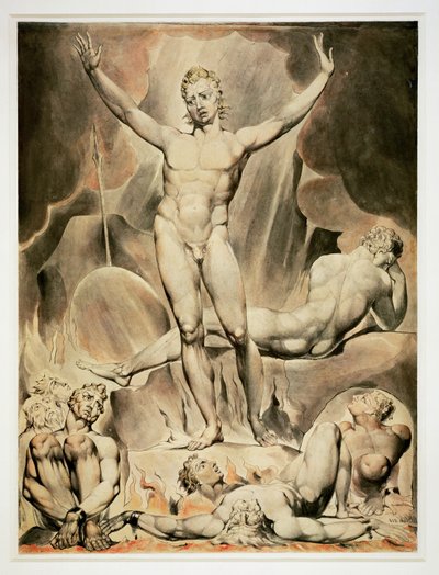 Şeytan asi melekleri uyandırıyor (kağıt üzerine kalem ve suluboya) by William Blake