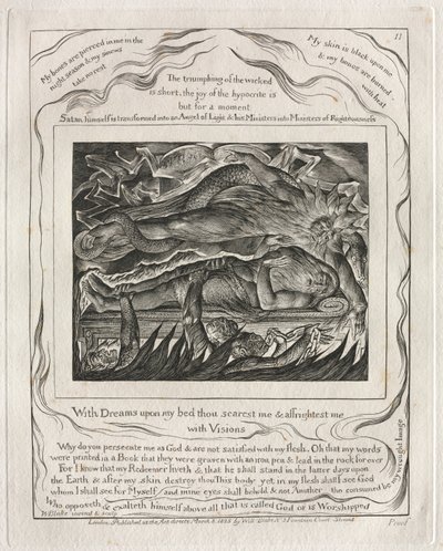Eyüp Kitabı: Pl. 11, Yatağımda Düşler varken beni korkutuyorsun ve korkutuyorsun..., 1825. by William Blake