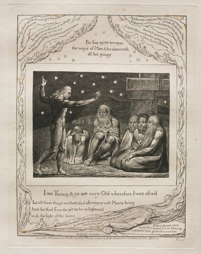 Eyüp Kitabı: Pl. 12, Ben gencim ve siz çok yaşlısınız, bu yüzden korktum, 1825. by William Blake