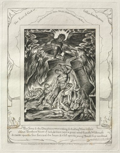 Eyüp Kitabı: Pl. 3, Oğulların ve Kızların Şarap yiyip içiyorlardı..., 1825. by William Blake